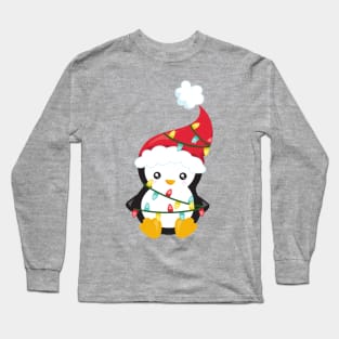 Christmas Penguin, Santa Hat, Christmas Lights Long Sleeve T-Shirt